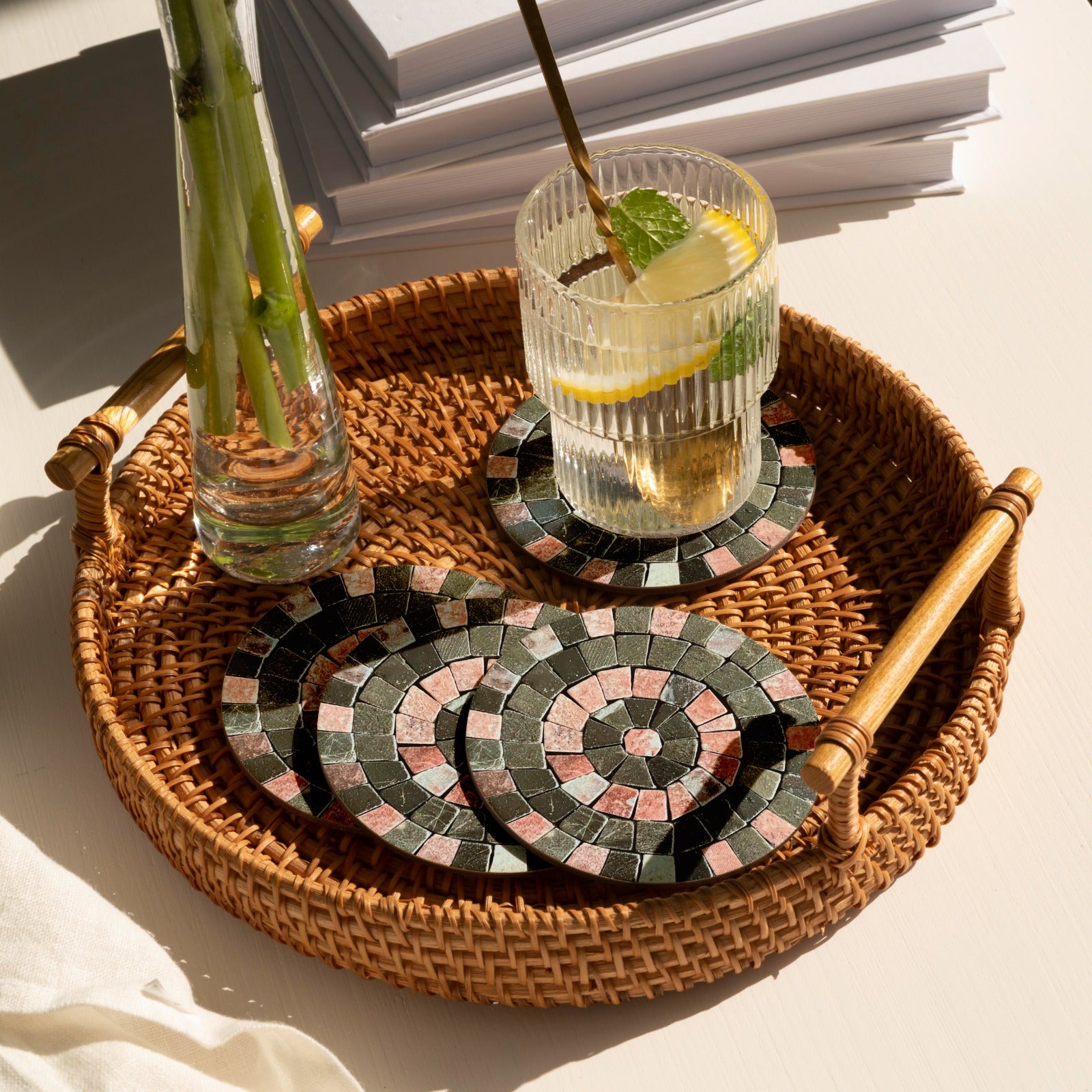 Terra Rose & Tawny Brown Stone Coaster with Mosaic Art Patterns